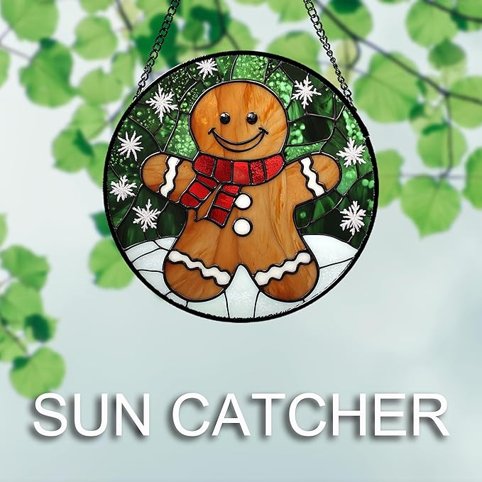 CRISGIF Stained Glass Window Hanging Cute Christmas Gingerbread Man Snowflake 6.3" - Suncatcher Door Garden Sun Catcher Home Decor Birthday for Mom Men Woman Nana Friend