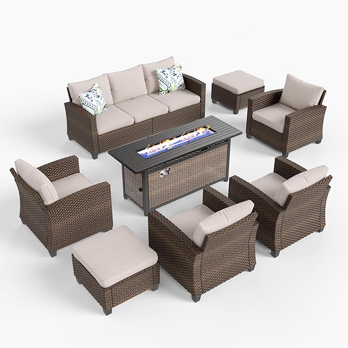HERA'S HOUSE Patio Furniture Set, Outdoor Wicker Furniture with Fire Pit, 8 Pieces Deep Seating Outdoor Conversation Sofa Sets with Thick Cushions for Deck Backyard Lawn, Beige