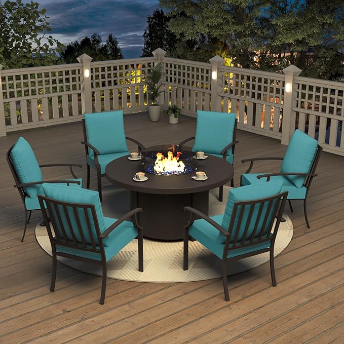 Kurapika 7 Piece Metal Outdoor Patio Furniture Set with 48" Round Fire Pit Table, Patio Conversation Sets 6 Fixed Chairs with Thick Cushion and 40000 BTU Propane Fire Pit Table, Blue