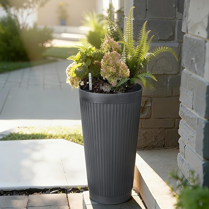 24" Large Planter Set of 2, Self Watering Tall Plastic Planters for Outdoor Plants, Modern Flower Pots Planter Outdoor for Patio, Front Door Decor, with Drainage (Gray Ribbed)