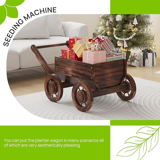 Wooden Flower Cart with Wheels Wooden Wagon Planter Outdoor Garden Planter Decor Planter for Patio Balcony Trolley Decoration Succulent Flower Pot, Indoor Backyard Balcon Decor（S）