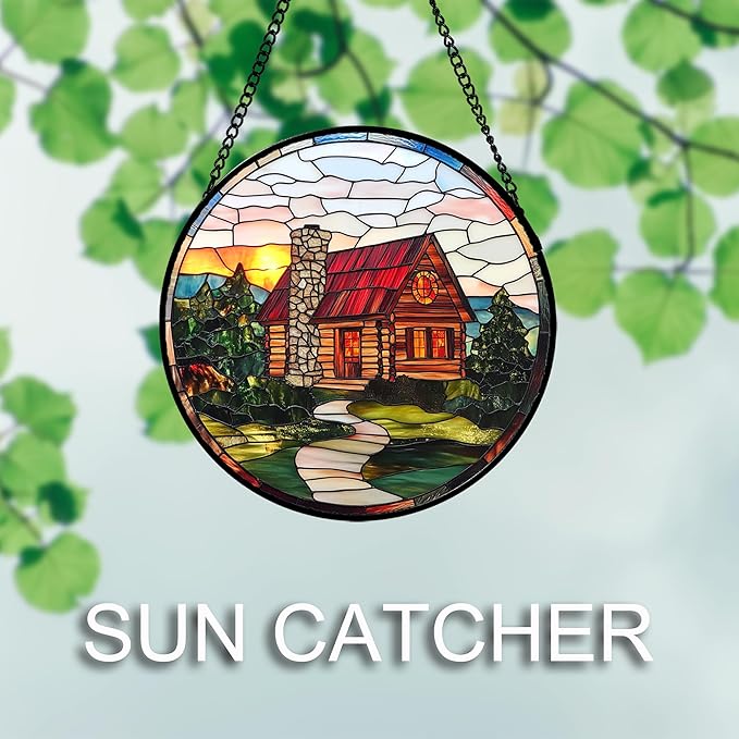 QZQCBLC Stained Glass Window Hanging Red Wooden House Pastoral Scenery 9.8" - Suncatcher Door Garden Sun Catcher Home Decor Birthday Christmas for Mom Men Woman Nana Friend