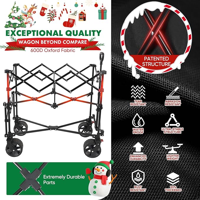 400L Large Capacity Folding Double Decker Wagon with Brakes, 48" Extra Long Extender Cart, 500lbs Heavy Duty Collapsible Wagons, All-Terrain Big Wheels for Camping, Sports, Shopping. Red&Black