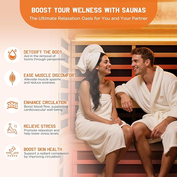 Albott Infrared Sauna 2 Person, Infrared Saunas for Home, Low EMF 1463W/110V Hemlock Wood Dry Sauna with Tourmaline Foot Warmer, 7-Color Light Therapy & Salt Crystal Bricks, 47.2"x34.2"x70.9"