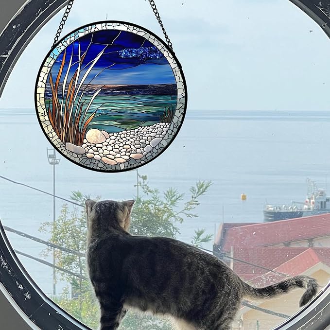 AMDERVEN Stained Glass Window Hanging 4 Pcs Set Navy Blue Ocean Landscape 9.8" - Suncatcher Door Garden Sun Catcher Decor Birthday Mother's Day for Mom Woman Nana Girl Boy Friend