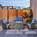 HUMMUH Patio Furniture Set with Fire Pit Table 5-Piece Wicker Outdoor Swivel Rocker Patio Chairs Loveseat Conversation Set for Porch, Backyard, Deck