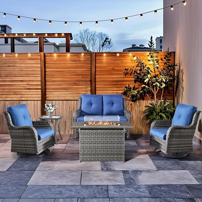 HUMMUH Patio Furniture Set with Fire Pit Table 5-Piece Wicker Outdoor Swivel Rocker Patio Chairs Loveseat Conversation Set for Porch, Backyard, Deck