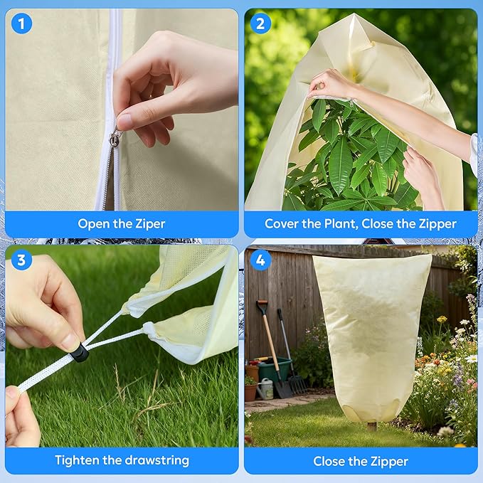 MIXC Plant Covers Freeze Protection, 31.4''×39.3'' Winter Cold Weather Frost Blankets Shrub Jacket with Drawstring Reusable Frost Protection Cloth for Outdoor Plants Fruit Tree Potted (4 Pack)