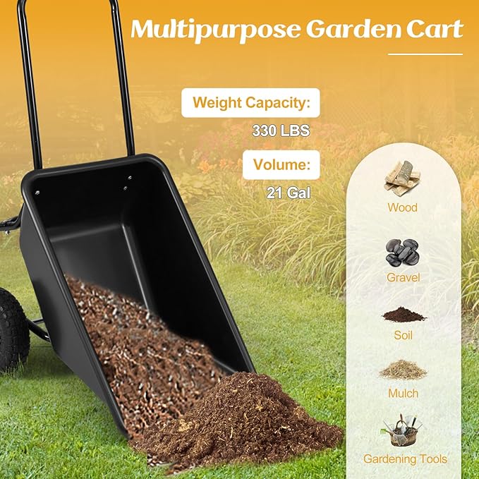 Goplus 2 Wheel Wheelbarrow, 330 LBS Utility Garden Cart with 10” Pneumatic Tires & Handle, 21 Gal Volume, Yard Dump Cart Wheel Barrow, Heavy Duty Wheel Barrow for Lawn (Black Handle+Black Cart)