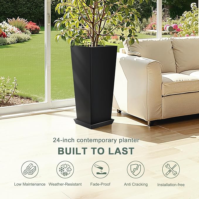 24" Set of 2 Tall Planters, Large Outdoor Flower Pots with Drainage Tray Modern Indoor Tapered Planter for Patio, Garden, Front Porch, Backyard (Black)