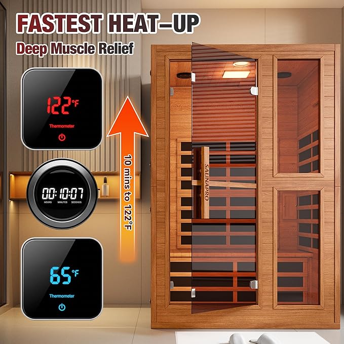 2- Person Infrared Sauna for Home, Low EMF FAR Remotely Controllable Indoor Sauna with WiFi & BT Control, Light Therapy, Wood Dry Sauna with Auto Off and Safe Flame-Retardant Material