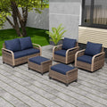 EAGLE PEAK Modern Wicker Outdoor Patio Furniture Set, Patio Conversation Set, 2 Swivel Rocking Chairs, 2-Seat Loveseat and 2 Ottomans, 5 Pieces, Brown/Blue