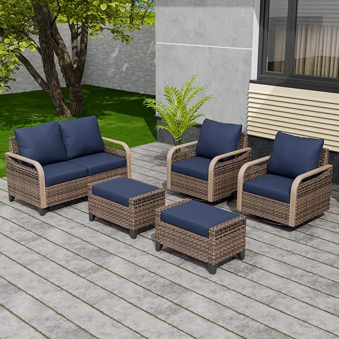 EAGLE PEAK Modern Wicker Outdoor Patio Furniture Set, Patio Conversation Set, 2 Swivel Rocking Chairs, 2-Seat Loveseat and 2 Ottomans, 5 Pieces, Brown/Blue