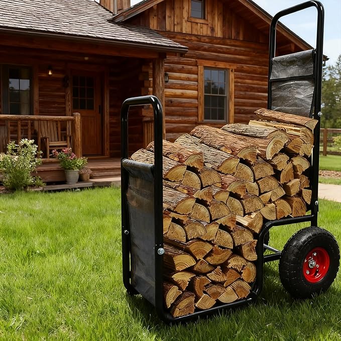 Firewood Cart: 44 X 27 X 20 in Heavy Duty 220 lbs Load Pneumatic Tires for Garden Backyard Fireplace Men Women Use