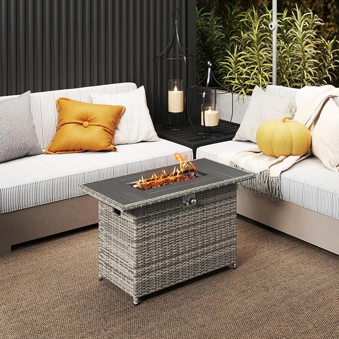 Tangkula 44.5 Inch Propane Fire Pit Table, Outdoor Rattan Gas Firepit with Metal Slatted Tabletop & Stainless Steel Burner, Rectangle Fire Pit with Lava Rocks & Protective Cover for Outside Patio