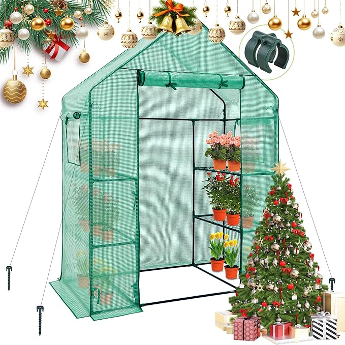 EAGLE PEAK Walk in 3-Tier Greenhouse with Wire Shelves, Portable Indoor and Outdoor Green House with Roll-Up Zippered Door & 2 Roll Up Side Windows, 4 Shelves, 61"x28"x79", Clear/Green PE Cover