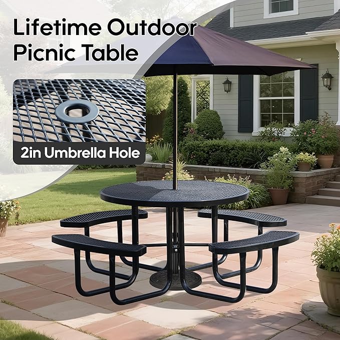 8-Person Outdoor Picnic Tables,46" Heavy-Duty Metal Round Picnic Table,Expanded Metal Commercial-Grade Table with 4 Benches & Umbrella Hole,Waterproof Coating Beach Table for Patio,Garden, Backyard
