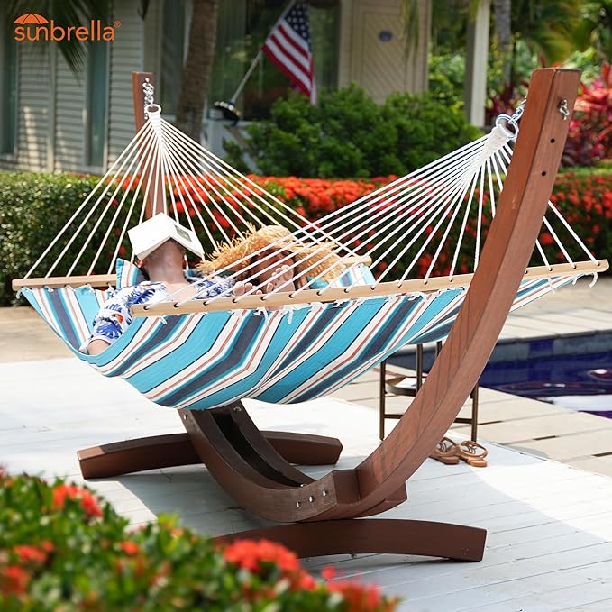 Lazy Daze Hammocks 12 FT Sunbrella Fabric Hammock not Fading with Spreader Bars and Free Pillow Fits for 2 Persons, All Weather and Fade Resistant for Patio Yard, 450 lbs Capacity, Token Surfside