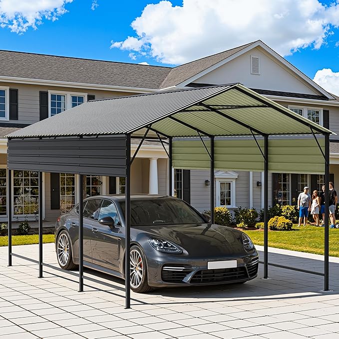 Greesum 10x15FT Metal Carport with Heavy Duty Frame and Galvanized Steel Roof, Round Carports with Side Support Rods, Canopy Shelter for Car, Pickup Trucks, Boats and Tractors, Party, Gray