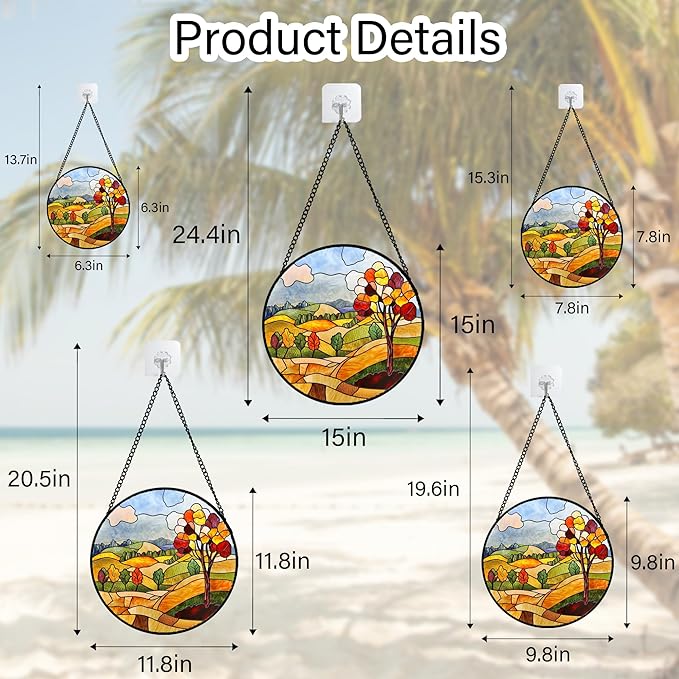 QZQCBLC Stained Glass Window Hanging Orange Mountains Trees Farm Landscape 6.3" - Suncatcher Door Garden Sun Catcher Home Decor Birthday Christmas for Mom Men Woman Friend