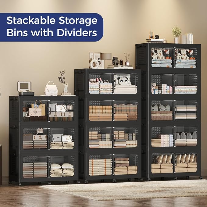160GAL Storage Bins with Lid and Wheels, Stackable Closet Organizers and Storage Drawer, Collapsible Storages Box with Dividers, Foldable Plastic Cabinets for Room, Kitchen, 4 Pack Black