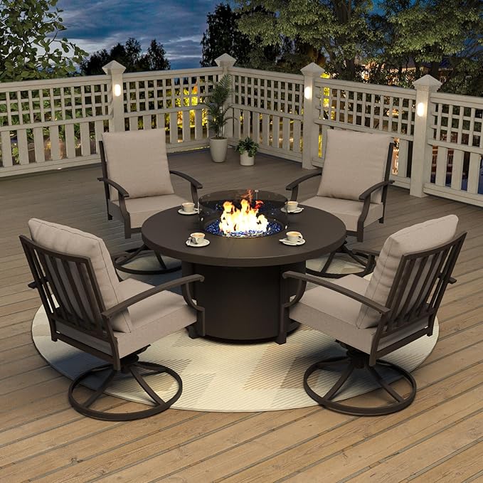 Kurapika 5 Piece Metal Outdoor Patio Furniture Set with Round Fire Pit Table, Patio Conversation Sets 4 Swivel Chairs with Thick Cushion and 40000 BTU Fire Pit Table, Sand