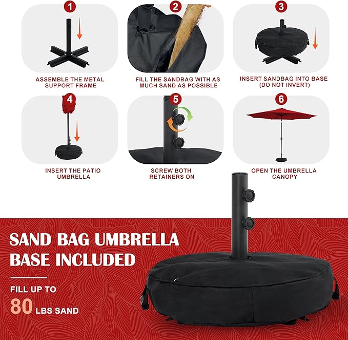 Sundale Outdoor Olefin 5-Year-Non-Fading Solar 88 LED 10FT Solar Patio Umbrella with Sand Bag Base, Outdoor Umbrella with Tilt and Crank, Red