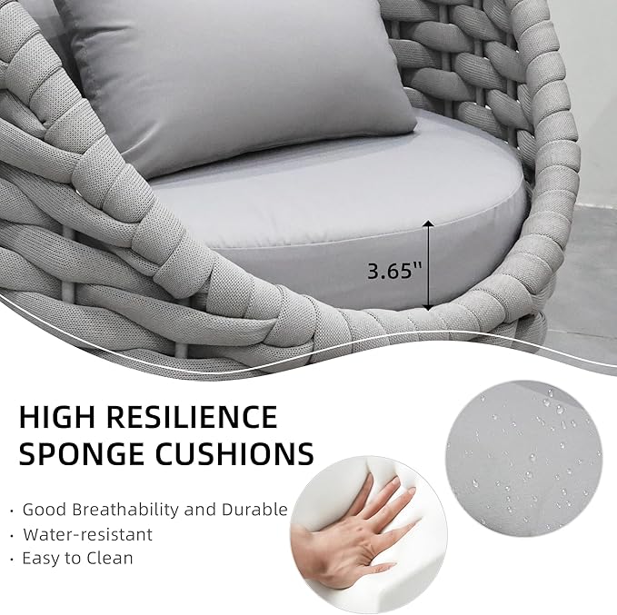TWT 5 Pieces Patio Furniture Set, Outdoor Rope Conversation Sectional Patio Sofa with 5 Seater for Backyard, Porch, Modern Armchairs with Thickness Cushions and Side Table, Light Grey