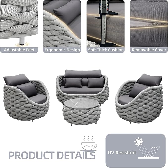 TWT 5 Pieces Patio Furniture Set Outdoor Rope Conversation Sectional Patio Sofa with 5 Seater for Backyard, Porch, Modern Armchairs with Thickness Cushions and Side Table