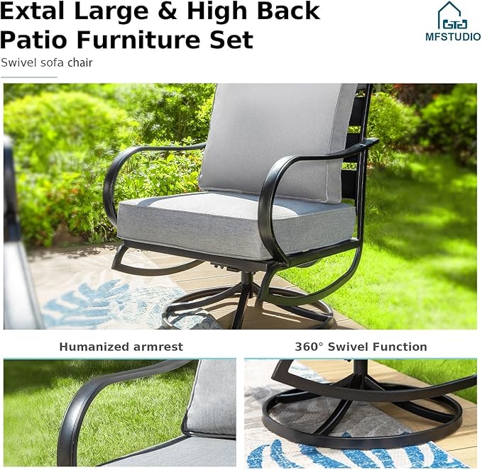 MFSTUDIO 5 Pieces Patio Conversation Sets, Outdoor Metal Furniture Sofas with 1 x 28 50,000 BTU Square Propane Gas Fire Pit Table and 4 x Steel Frame Patio Sofa Swivel Chairs with Grey Cushion