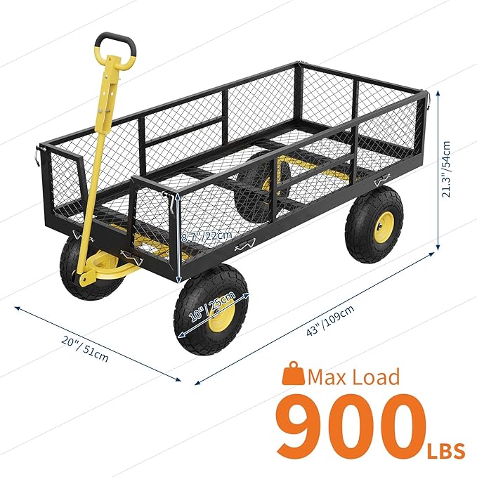 900 LBS Garden Cart on Wheels with Adjustable Handles, Heavy Duty Steel Garden Wagon with Removable Mesh Sides to Convert into Flatbed, Wagon Cart for Lawn Farm Yard, Black