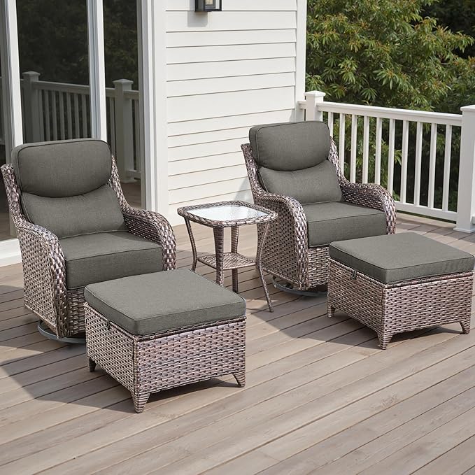 Rilyson Wicker Outdoor Patio Furniture Set - 5 Piece Patio Conversation Sets with Swivel Rocker Chairs, Ottomans and Side Table, 6 inch Cushions, Waterproof Wicker, for Porch Deck Brown/Grey