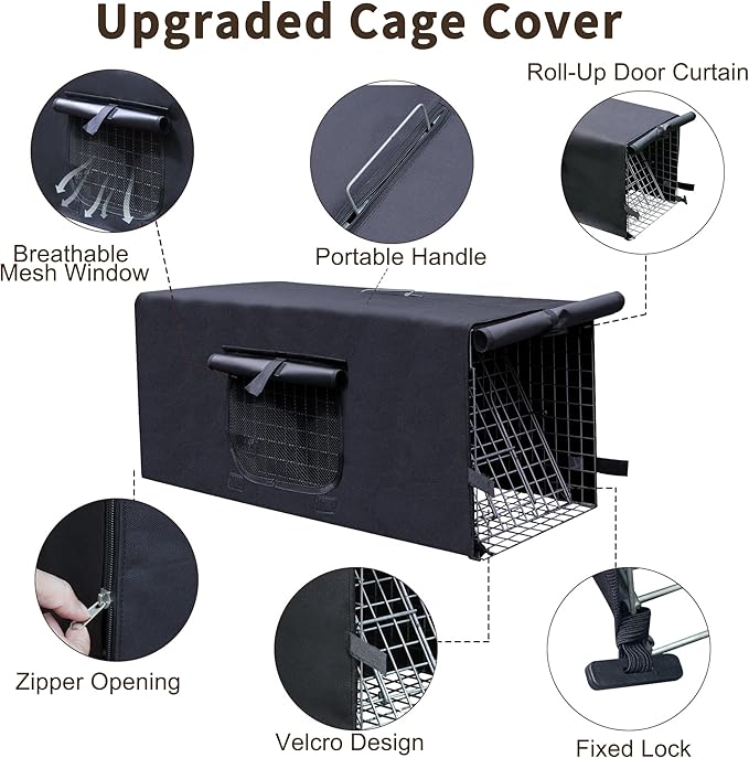 Upgraded Live Animal Trap Cage Cover with Window, Cat Trap for Stray Cats 32 Inch Heavy Duty Folding Skunk Traps with Real Door for Raccoons, Opossums, Groundhogs, Skunks, Squirrels (Only Cover)