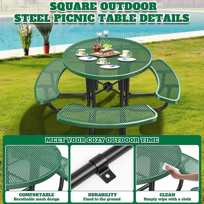 46" Round Top Outdoor Picnic Table Set for Up to 8 Persons, Outside Table Set with 4 Built-in Benches, Metal Commercial-Grade Dining Furniture with Umbrella Hole for Garden, Backyard, Porch, Green