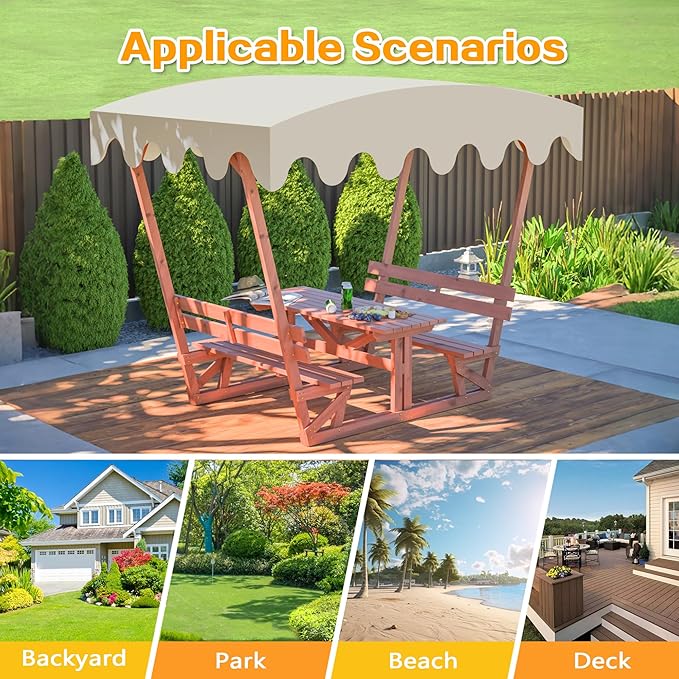 Rueekfil Outdoor Solid Wood Picnic Table with Bench Set & Removable Waterproof Canopy, All-Weather Commercial Camping Table for School, Patio Garden Deck Park Beach, Brown