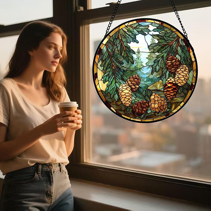 QZQCBLC Stained Glass Window Hanging Forest Pine Cone Landscape Large 15" - Green Suncatcher Door Terrace Garden Sun Catcher Home Decor Birthday Christmas for Mom Men Woman Wife