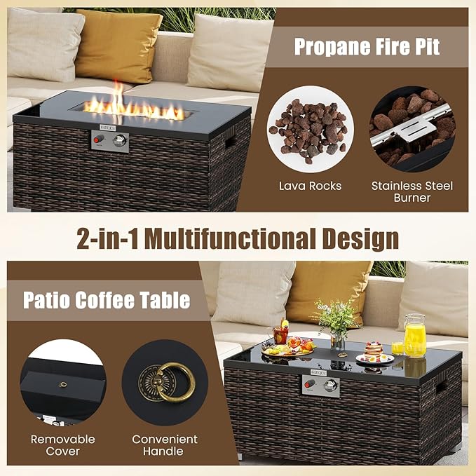 Tangkula 2 Piece Propane Fire Pit Table Set with Tank Cover, Outdoor Rattan Gas Firepit with Lid, Tempered Glass Tabletop, Protective Cover, 40,000 BTU Rectangle Fire Table Set for Outside (Mix Brown)