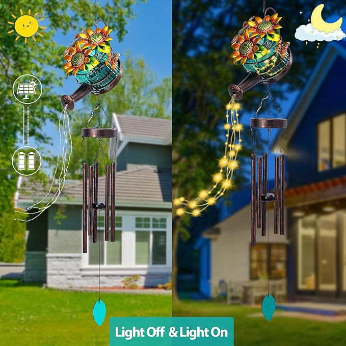 MUMTOP Solar Wind Chimes for Outside - Solar Watering Can Wind Chimes Outdoor Unique with String Warm Light, Glass Windchimes Clearance for Garden, Patio,Yard Decor Gift