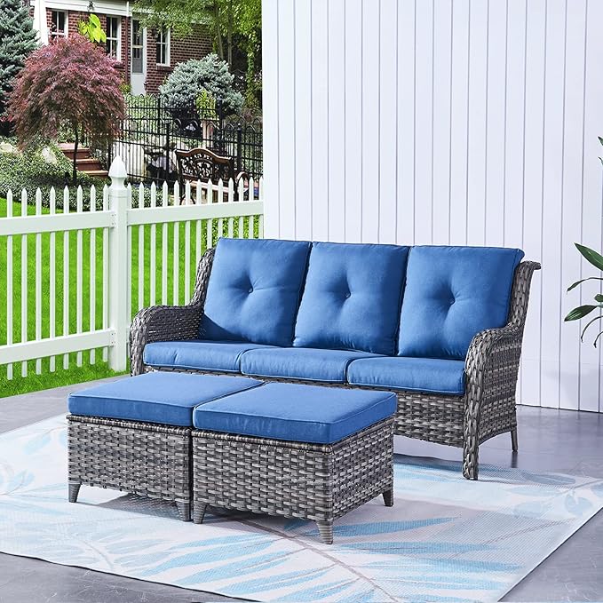 HUMMUH 3 Piece Patio Furniture Set All Weather Wicker Outdoor Sectional Sofa Manual Weaving Rattan High Curved Back Patio Couch with Ottomans