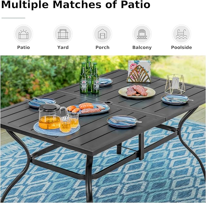 MFSTUDIO Outdoor Patio Dining Table, 6 Person Metal Patio Furniture Table with 1.57" Umbrella Hole for Deck,Backyard,Lawn,Garden (Black)