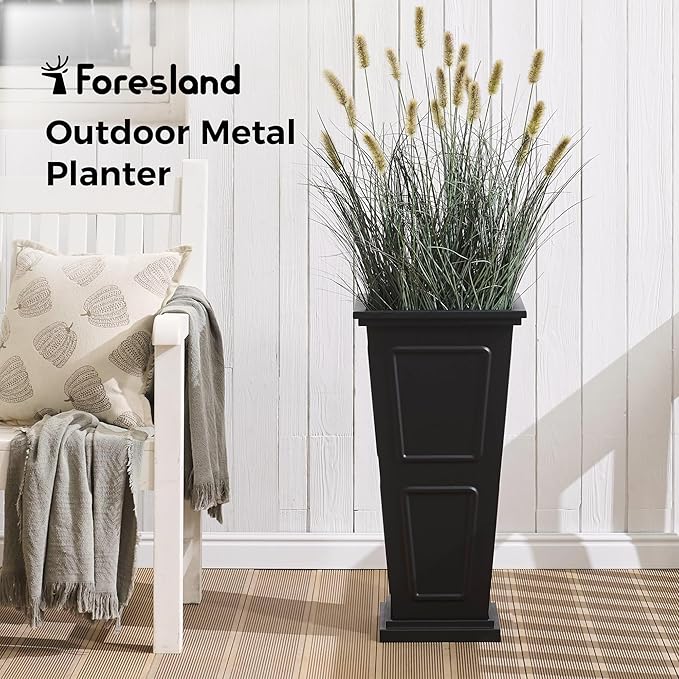 26" Tall Metallic Planter Set of 2, Black Taper Planters with Removable Partition Drainage Holes, Large Outdoor Planter for Front Porch, Garden, Patio, Balcony, Classic Estate Design, All-Weather Use
