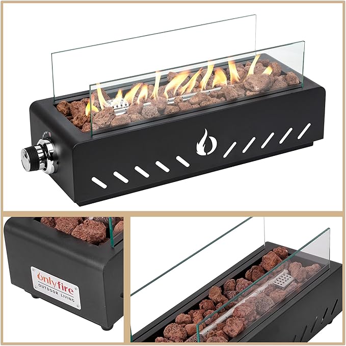 ONLYFIRE OUTDOOR LIVING 18" Propane Gas Fire Pit with Glass Wind Guard & Lava Rocks, Portable Tabletop Smokeless Firepit Side-Mounted for Patio Backyard Camping Tailgating RV, Hose Included, FP026