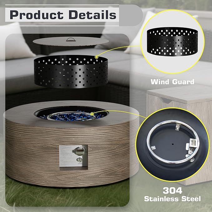 Wood Grain 30'' Patio Fire Pit Table Round, Propane Gas Fire Table 50,000 BTU, Outdoor Firepit & Fireplace for Patio, Brown