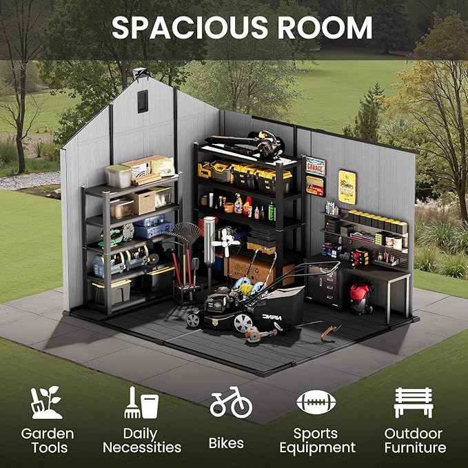 CRESTLIVE 8x10 FT Rust-Resistant Plastic Outdoor Storage Shed, Waterproof Resin Garden Shed with Floor, Doors, Skylight & Vent for Lawn Tools & Bikes