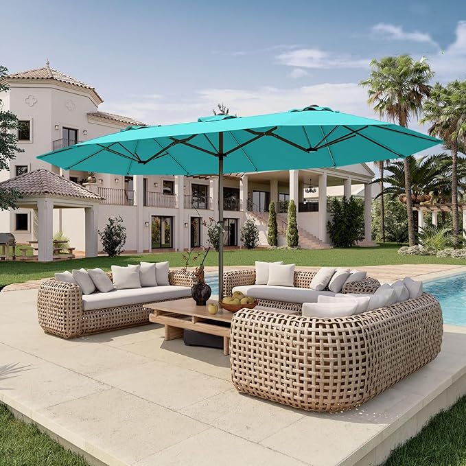 15FT Double Sided Patio Umbrella with Base Included Large Outdoor Market Umbrella with Crank Handle, UV Resistant Canopy, Sturdy Frame for Garden, Poolside, Deck, Aqua Blue