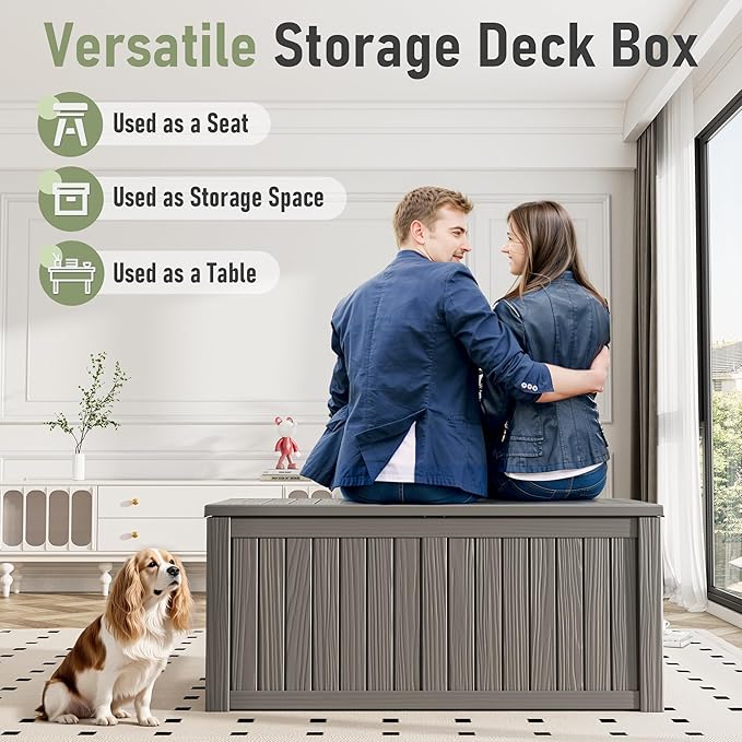 Deck Box, 120 Gallon Outdoor Storage Box Lockable Patio Waterproof for Furniture, Garden Tools, Sports Equipment and Pool Supplies, Waterproof, Resin, Lockable