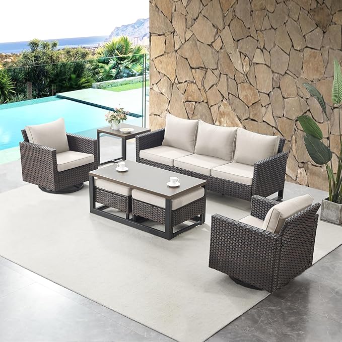 HUMMUH 3-Piece Patio Swivel Chairs,PE Wicker Outdoor Rocking Chairs Bistro Set with Side Table Porch Balcony Furniture with Cushions