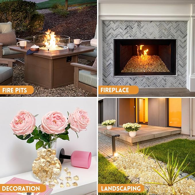 GasSaf 1/2 Inch Fire Glass Reflective Tempered Fireglass Cut Crushed FireGlass for Fire Pit, Fireplace, Replaces Existing Gas Logs & Lava Rocks (20 Pound)(Gold Reflective)
