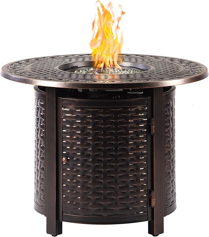 Aluminum 37,0000 BTU 34 in. Round Propane Black Fire Pit Table with Fire Beads, Lid, Propane Tank Cover and Table Fabric Covers in Copper Finish