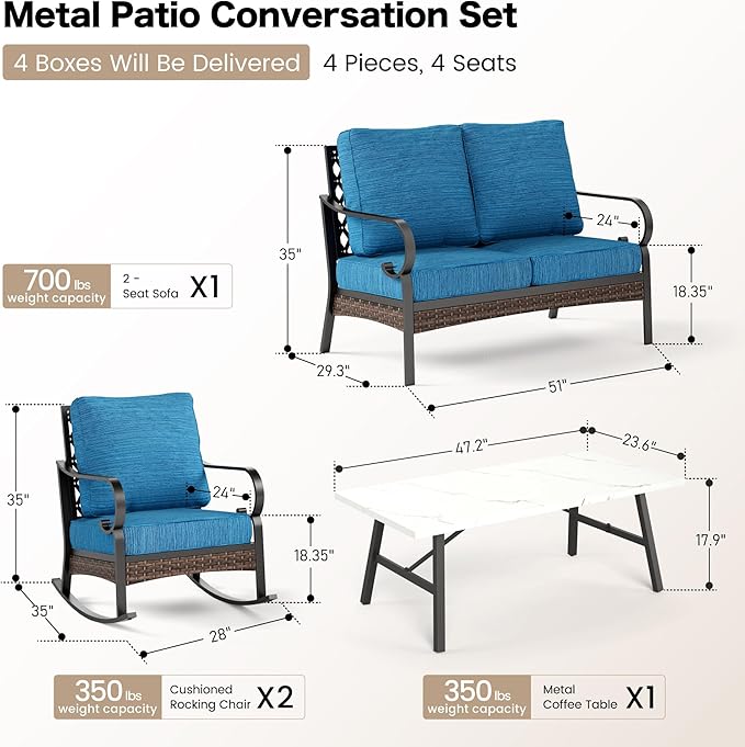 SUNSHINE VALLEY 4 Piece Metal Outdoor Patio Furniture Sets, Patio Conversation Sets 1 Loveseat, 2 Rocking Sofa with 5.75" Extra Thick Cushion and Coffee Table, Balck Frame Backyard Furniture, Blue-2